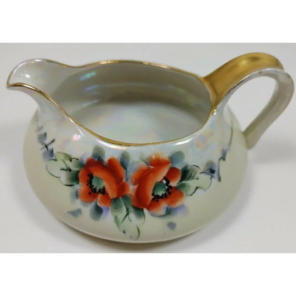 Vintage TK Thun Orange Flowers Porcelain Gold Rim Czechoslovakia Creamer